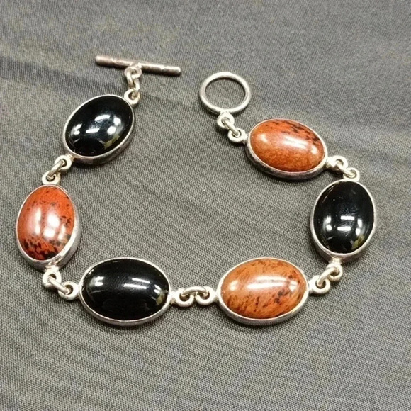 Sterling Silver Red Jasper and Onyx Bracelet - Picture 1 of 3